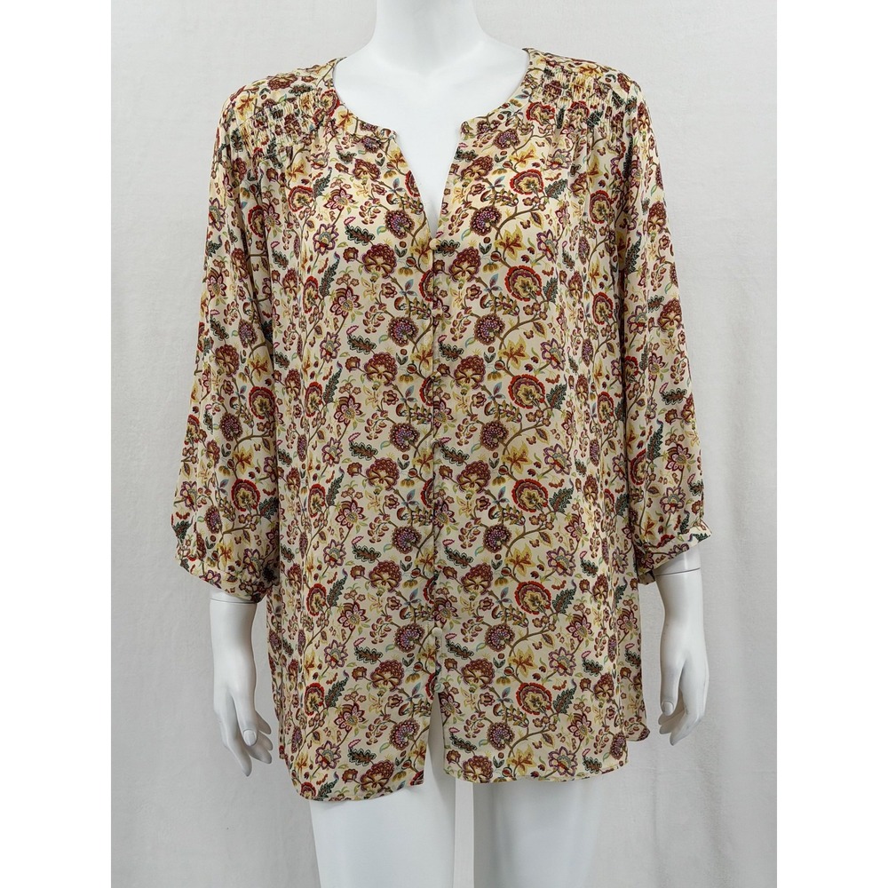 Rose + Olive Top Womens 1X Cream Yellow Floral Button Up Sheer Spring Peasant
